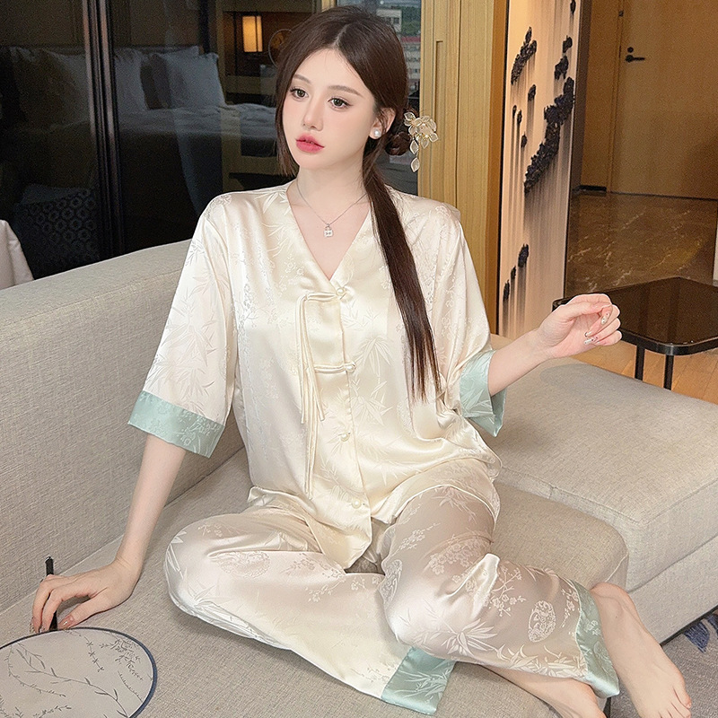 Ice Silk Jacquard Pajamas Women's New Chinese Style National Style Buckle Cool Sense Women's Summer Thin Seven-point Sleeve Home Clothes suit