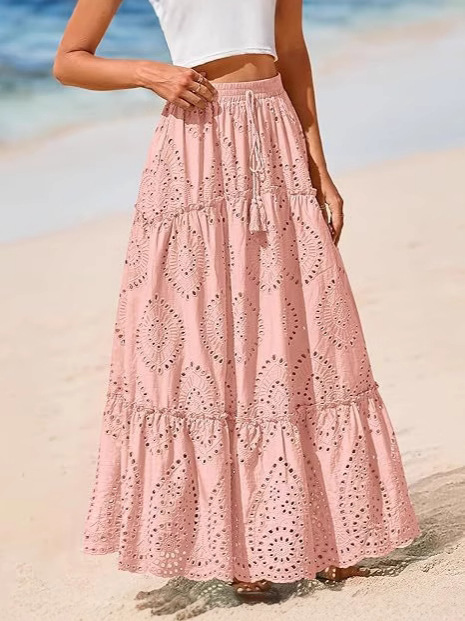 Bohemian Casual Dress 2025 Summer Lace Embroidered Eyelet Loosening Waist Stitching A- line Beach Long Dress for Women
