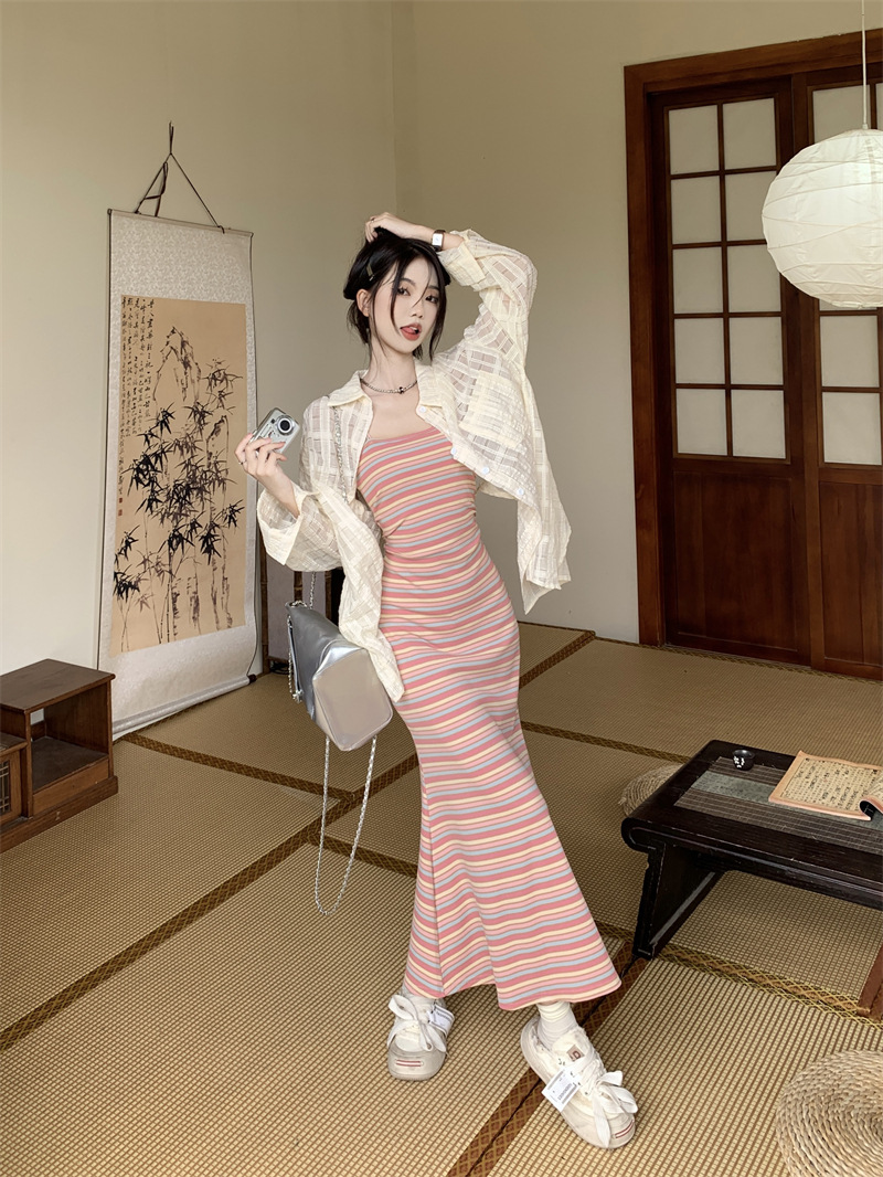 Picture of Dopamine Rainbow Stripe Knitted Sling dress Women's Summer Dali Seaside Vacation Postmom's Hip Vest Long Skirt