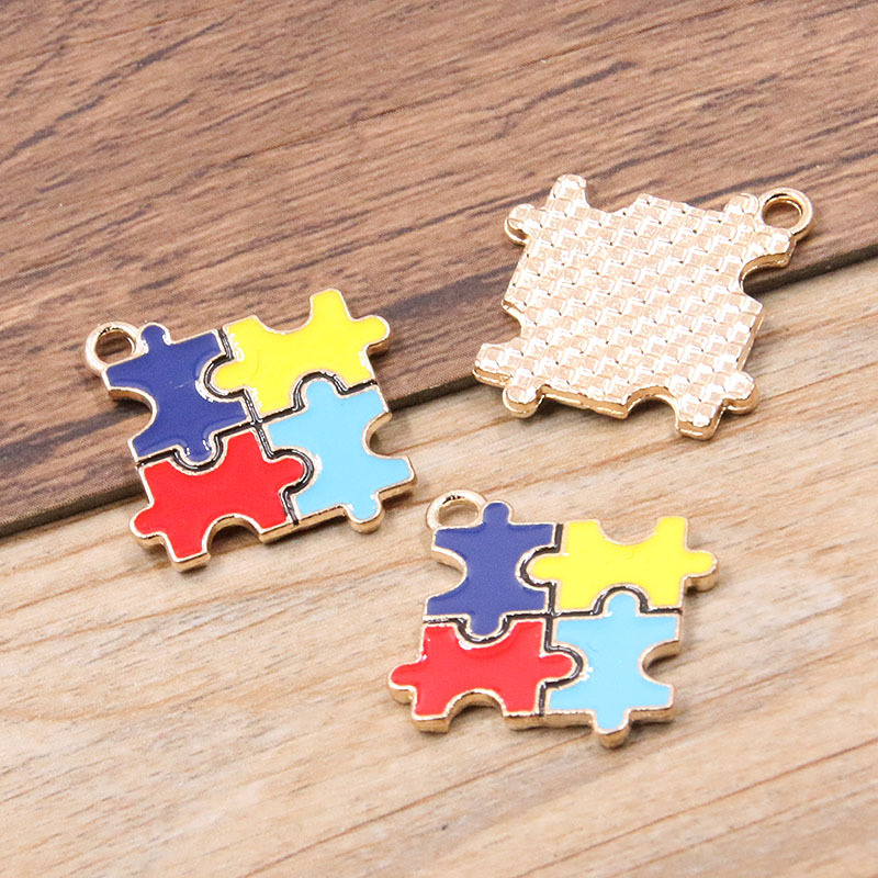 Picture of 8 Styles, 2 Colors DIY Alloy Jewelry Contrasting Color Puzzle Autism Pendant Round Heart Puzzle Asymmetrical Pendant
