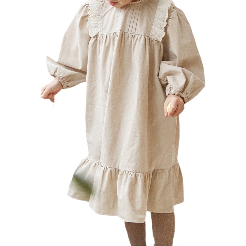 Ins Korean Style Spring & Fall New Dress Western Style Lace Round Neck Puff Sleeve Little Girl Cute Princess Dress