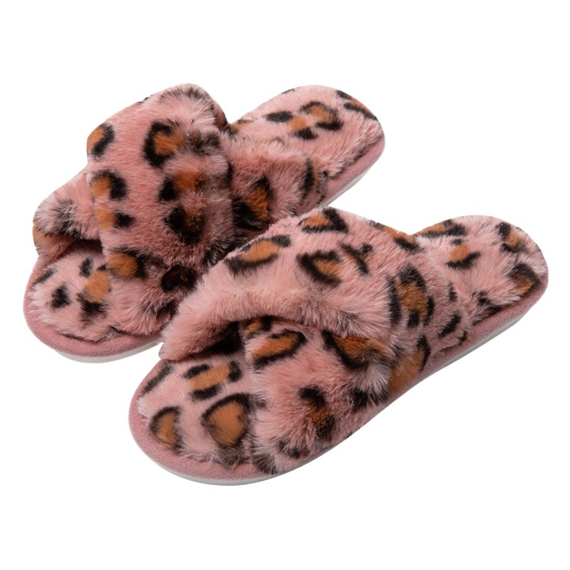 Leopard Print Cross Fur Open Toe Cross-Border Furry Autumn and Winter Women's Furry Slippers Warm Slippers Home Fur Slippers