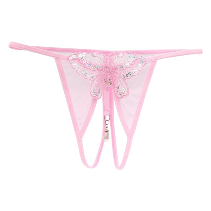 Women's Sexy Sequins Embroidered Butterfly Hot Transparent Mesh Low Waist Thong Head