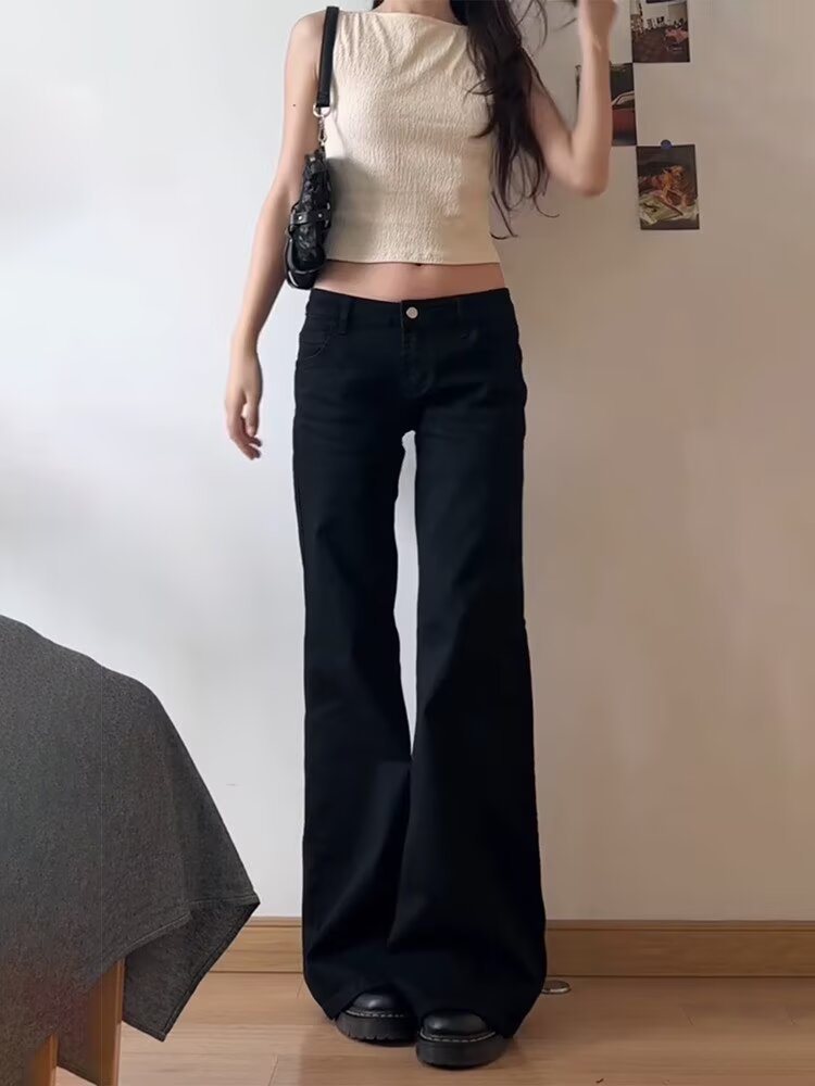 Black Flared Jeans for Women 2025 Summer New High Street Low Waist Petite Non-Stretch Bootcut Floor-Length Pants
