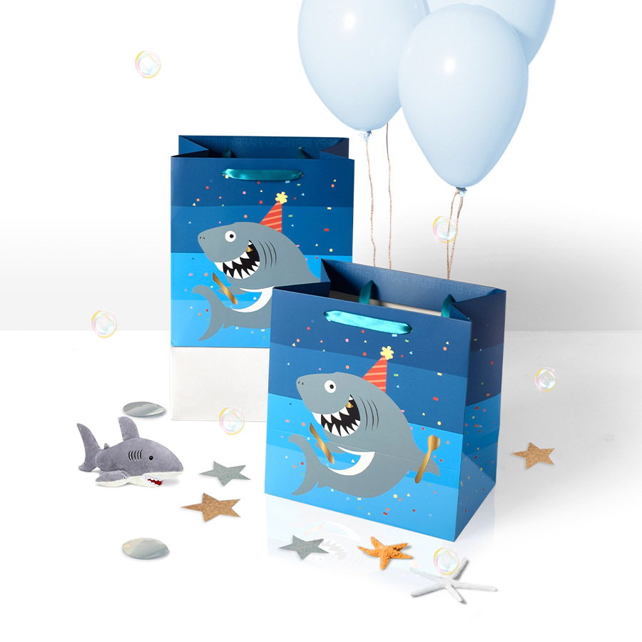 Birthday Gift Paper Horizontal Stripe Blue Shark Tote Bag White Card Gift Bag Spot Paper Bag Hand Gift Bag