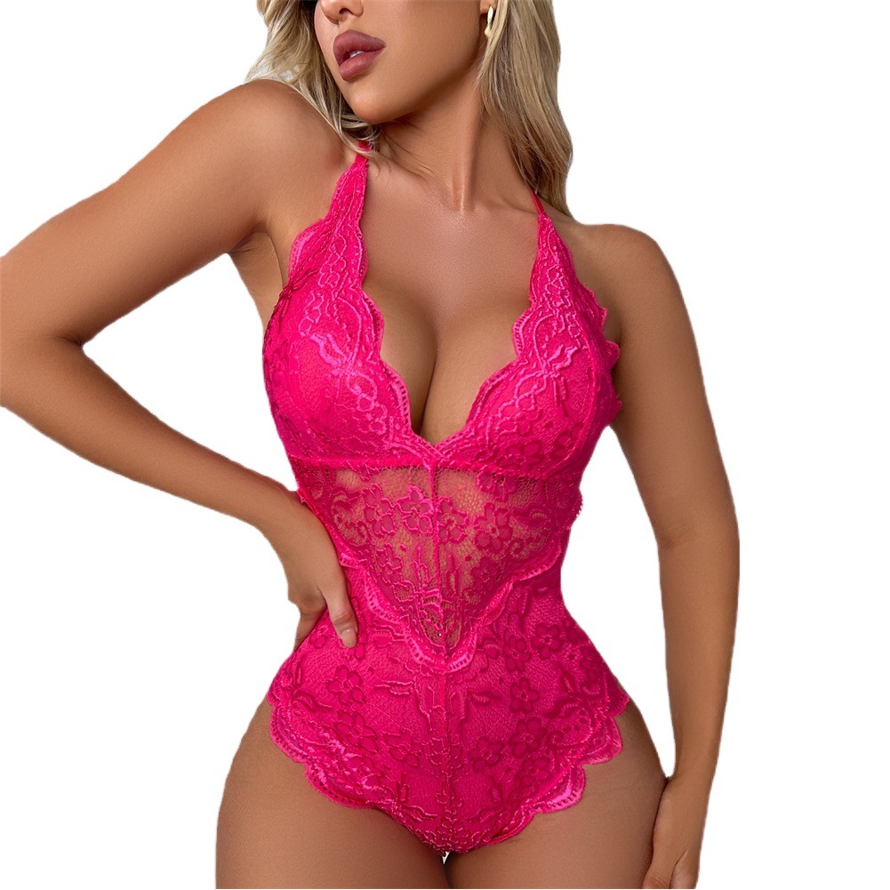 Foreign Trade Spot Lace Perspective Pajamas European and American Sexy Lingerie Women Slim Fit Body Shaping Jumpsuit Spot