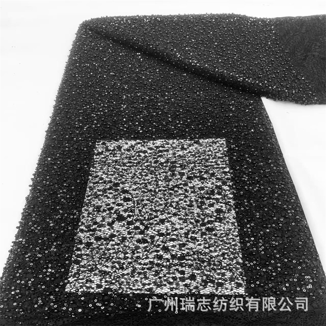 Black lace embroidered fabric bubble bead sequin embroidery French wedding dress evening dress fashion dress fabric lace