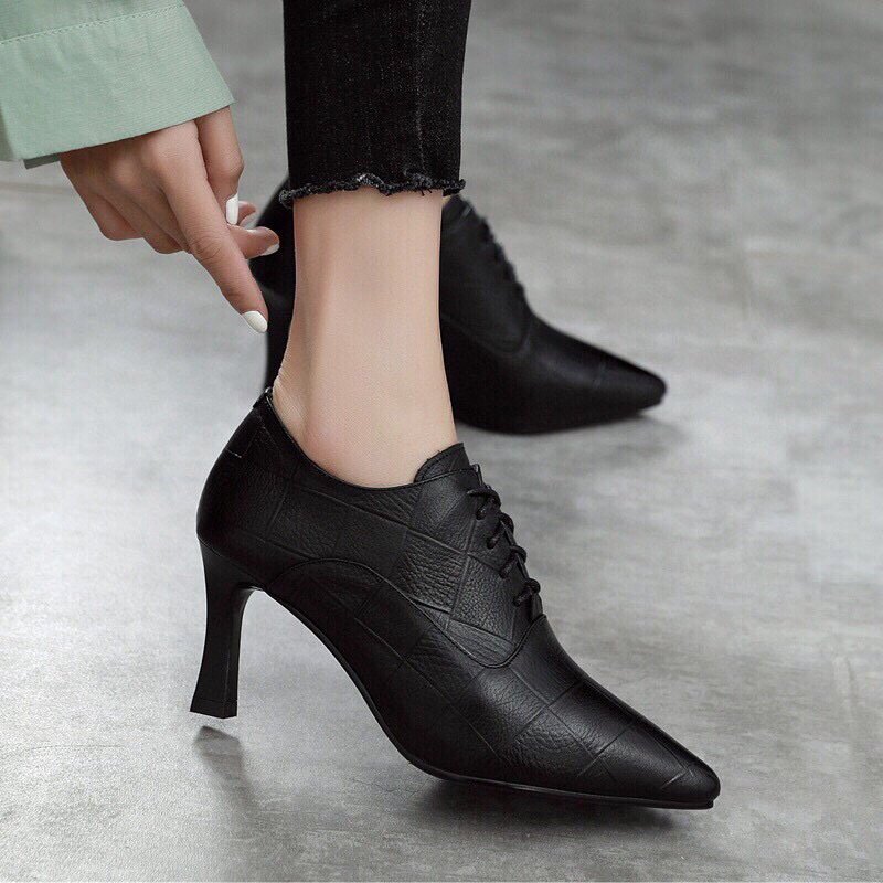 Picture of Women's Shoes 2024 Spring New Deep Mouth Single Shoes Embossed Plaid Leather Pointed Toe Fashion British Style High Heel Ankle Boots