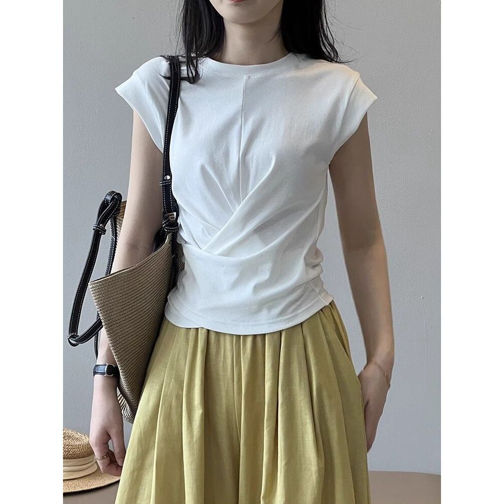 Picture of Designed Cross-Waist Asymmetrical Small Flying Sleeve T-Shirt for Women Summer New Pleated Slim Short Modal Top