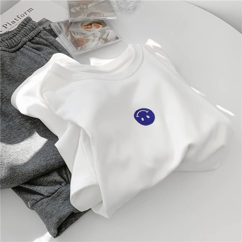 Double-sided Velvet Smiley Embroidered White Warm Base Shirt Women's Spring and Autumn Velvet Thickened Loose Round Neck Long-sleeved T-shirt