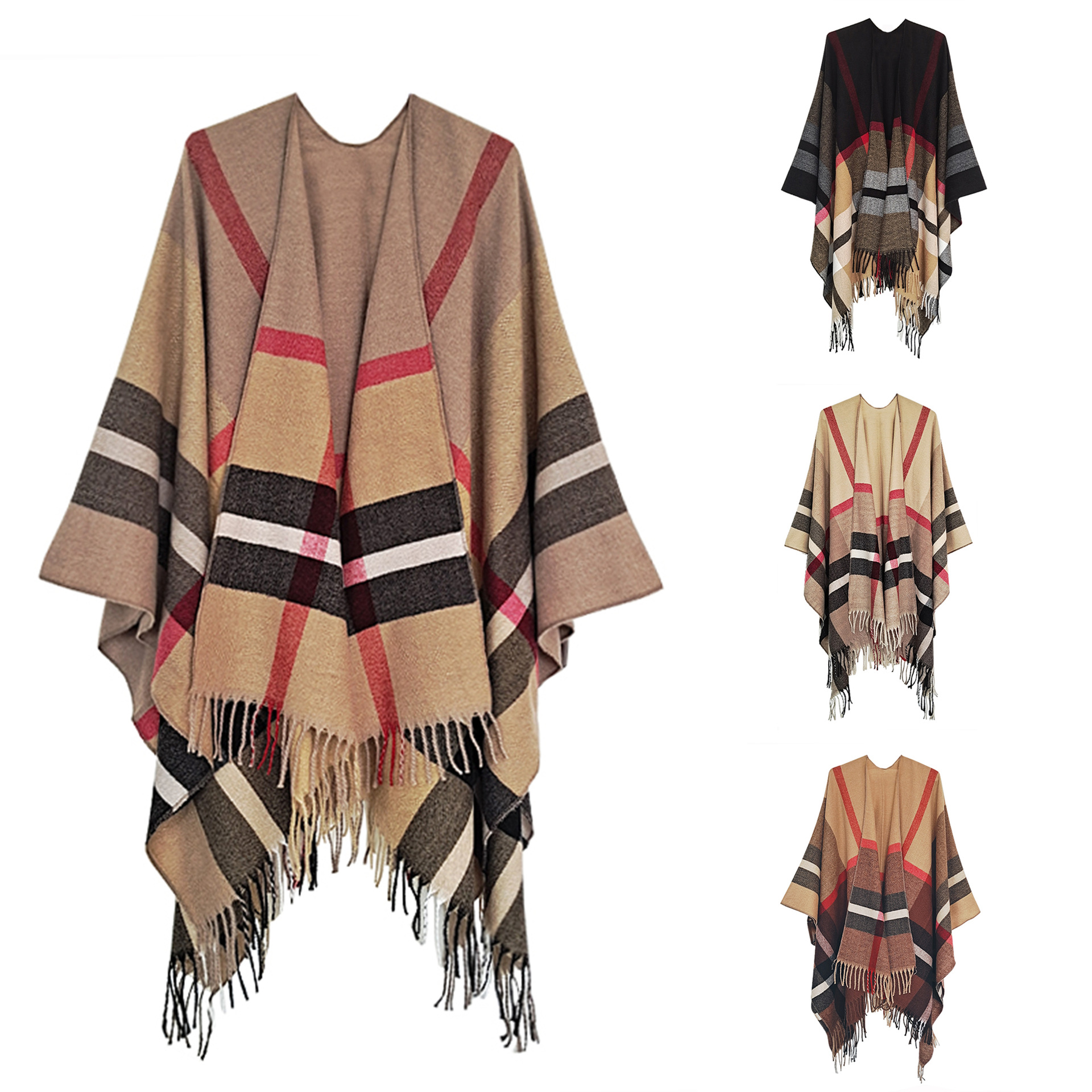 Celebrity Same Style Slit Shawl for Women Ethnic Style Geometric Line Tassel Xizang Yunnan Travel Photo Warm Cloak