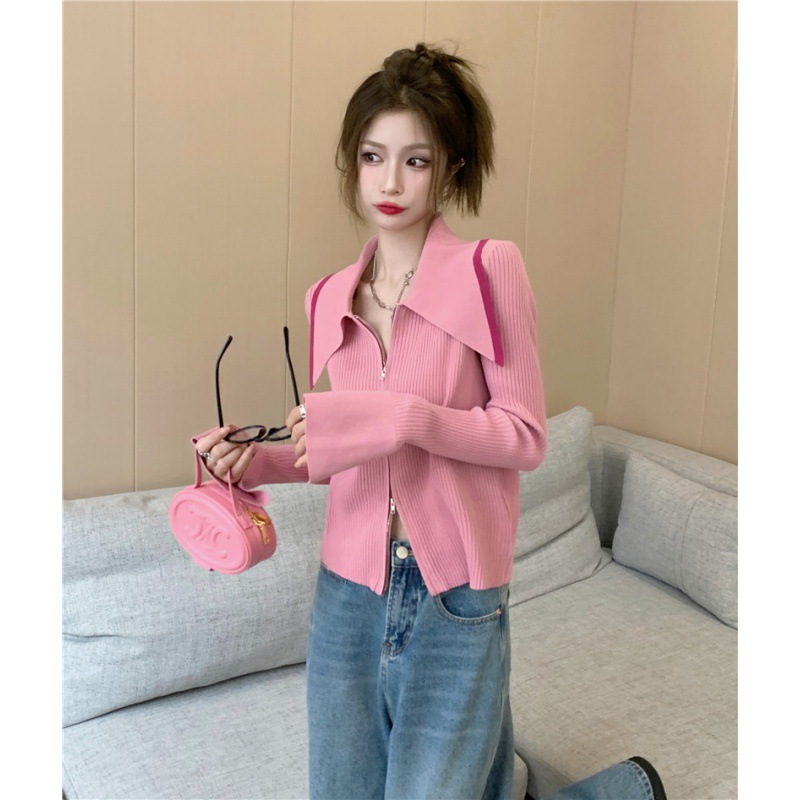 Picture of Autumn New Large Size Chubby Girl Large Lapel Double Head Zipper Design Short Loose Knitted Cardigan