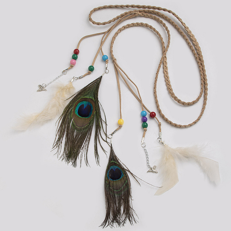 Bohemian Style Waist Rope Ethnic Style Woven Peacock Feather Colored Beads Women Belt Decorative Thin Waist Rope