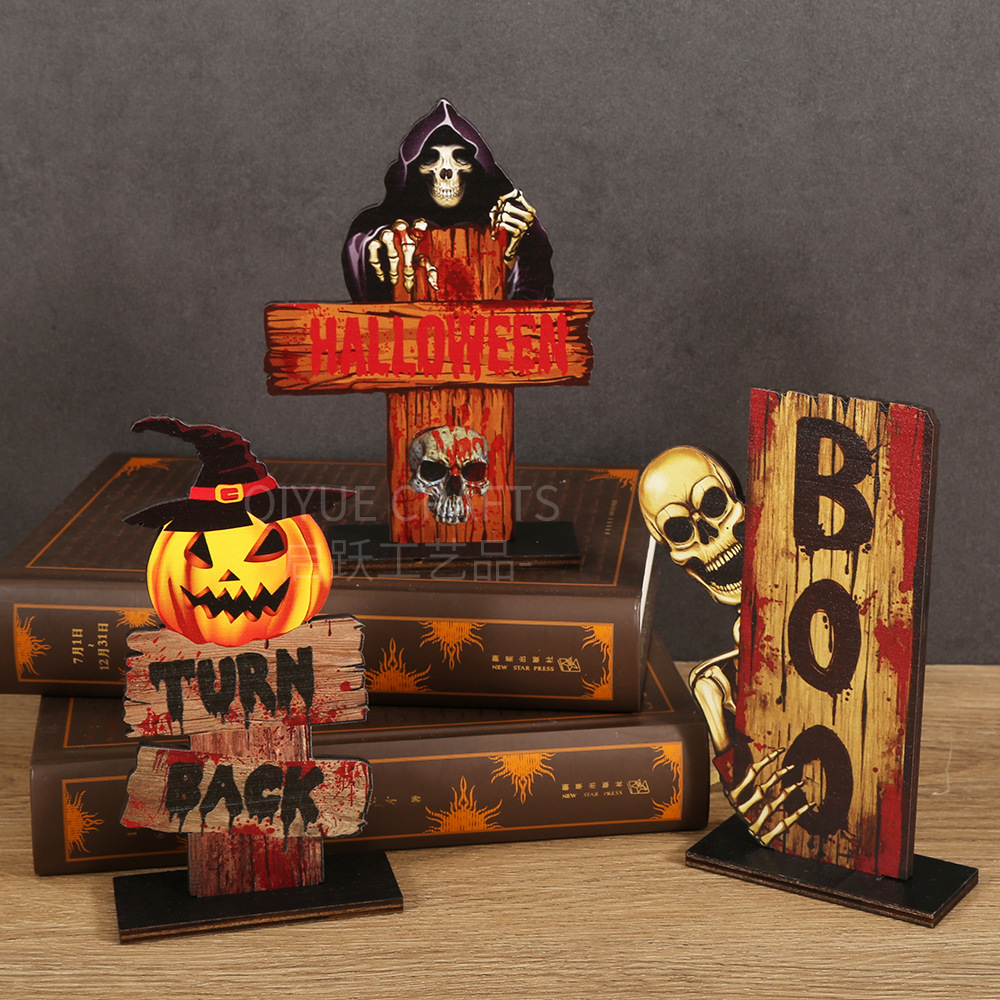 Cross-Border Retro Halloween Skull Desktop Ornaments Ghost Festival Cross Creative Decorative Ornaments Wooden Holiday Decorations