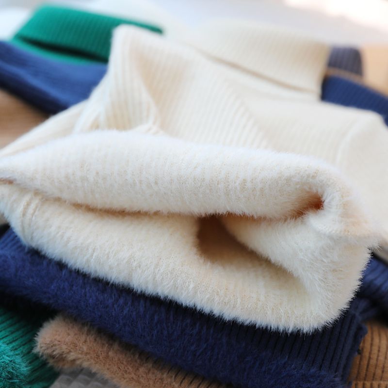 Picture of [in stock boys' one-piece velvet sweater children's semi-turtleneck sweater girls white fleece-lined thickened wool low