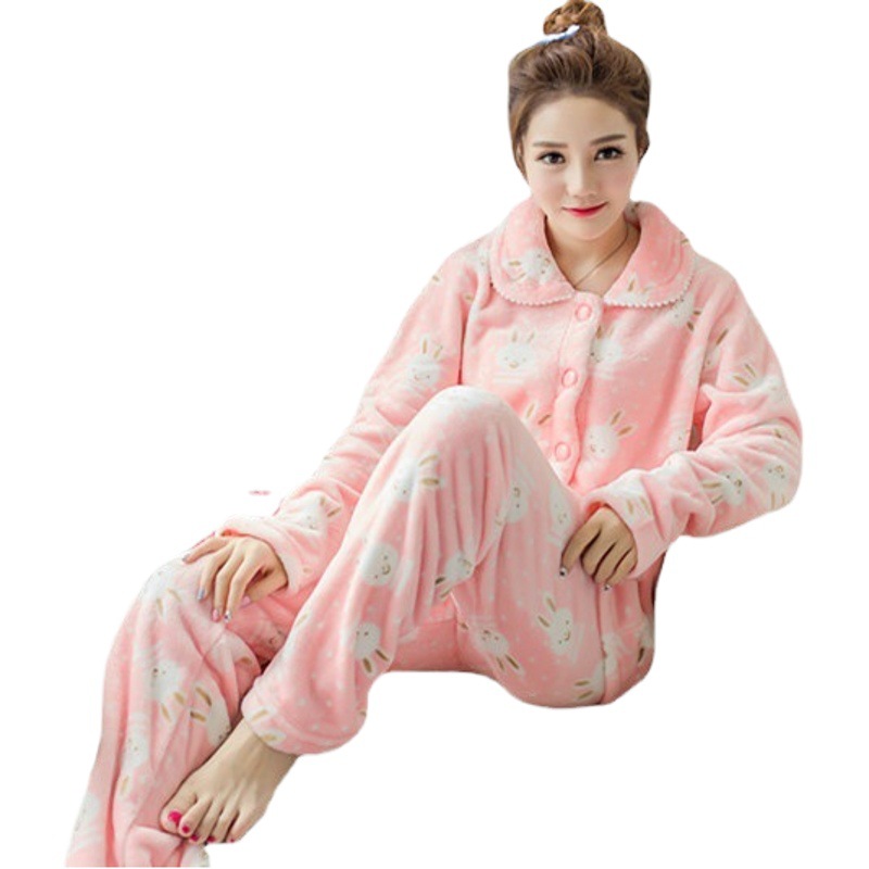 2024 Winter Women's Cardigan Pajamas Thickened Flannel Pajamas Long Sleeve Coral Fleece Cardigan Cartoon Rabbit