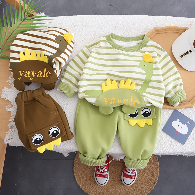 2024 spring new round neck horizontal dinosaur long sleeve sweater cotton trousers boys two-piece factory wholesale
