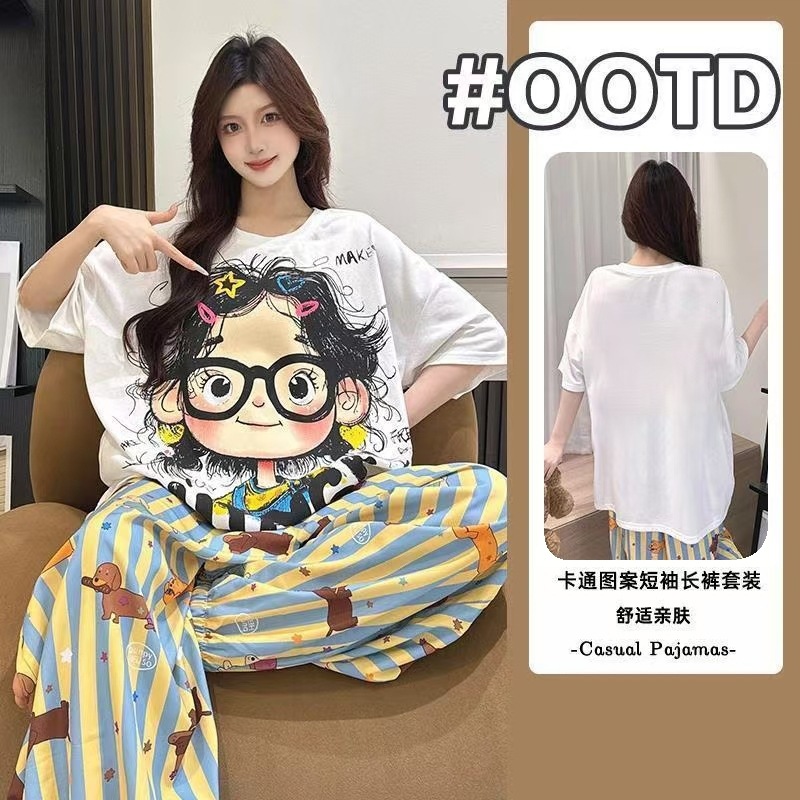 Picture of Pajamas Women's Spring and Autumn Summer Short-sleeved Trousers Large Size Loose Korean Style Fresh Cute Sweet Student Home Suit