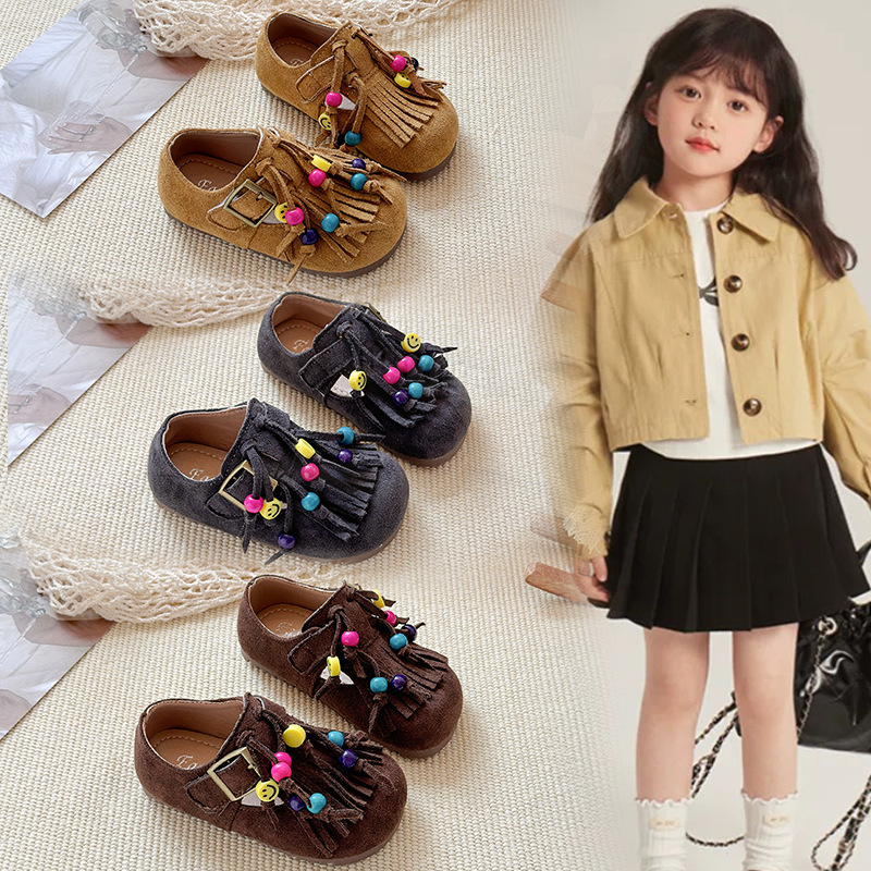 2025 Autumn New Girls' Korean Tassel Birkenstock Children's Colorful Beaded Casual Leather Shoes and Single Shoes