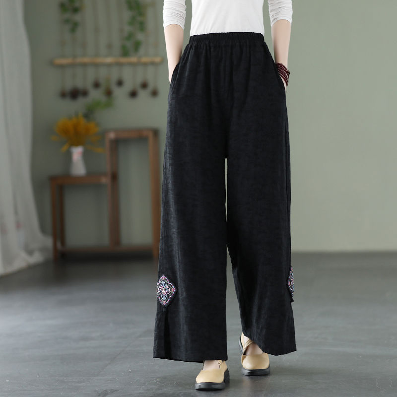 Summer New Cotton and Linen Artistic Retro Loose plus size Wide Leg Pants Women's Embroidered Chinese Style Fashion Casual Ankle-length Pants