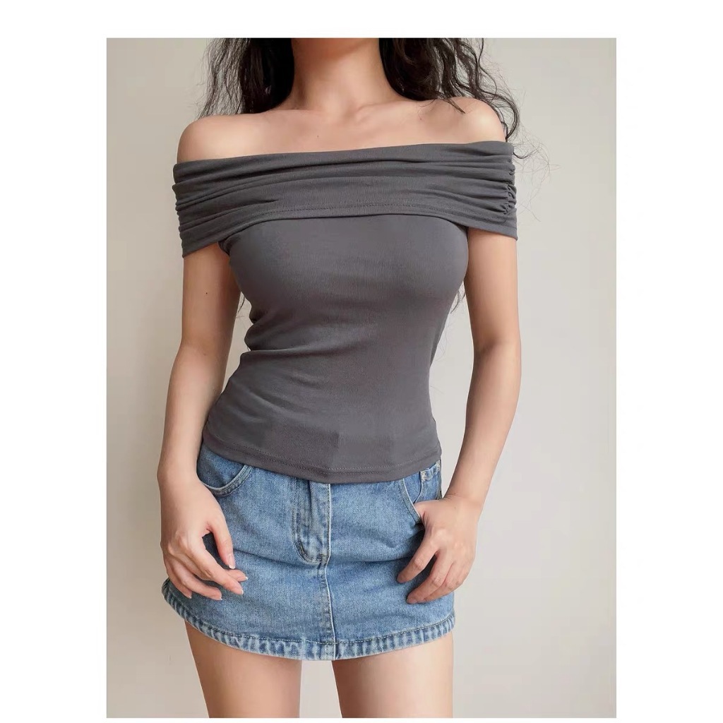 Picture of One-Shoulder T-Shirt, Slim Fit, Tight-Fitting, Waist-Cinching, Short Top, Sexy Hot Girl Base Shirt, Top for Export