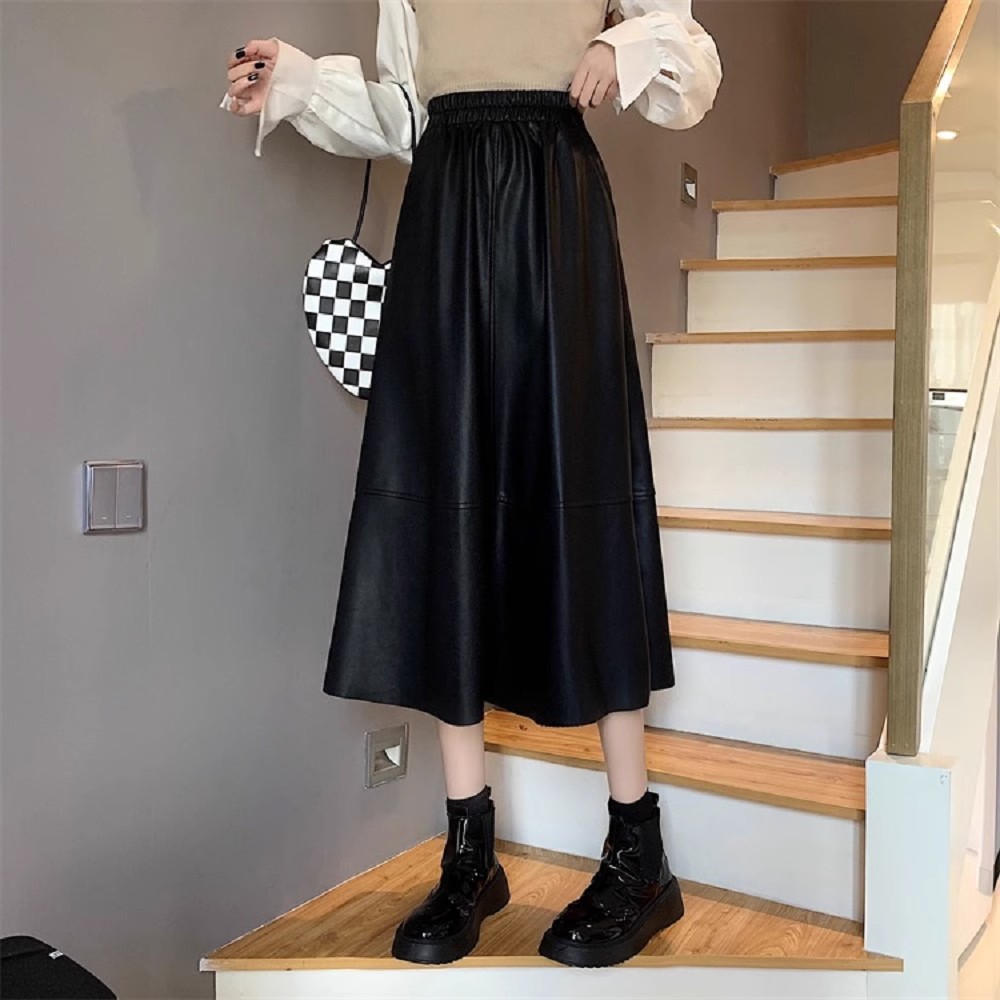 Black PU Leather Skirt Women's 2025 Autumn and Winter High Waist Slimming Casual Mid-Length Leather Umbrella Skirt Sheath Elegant Skirt