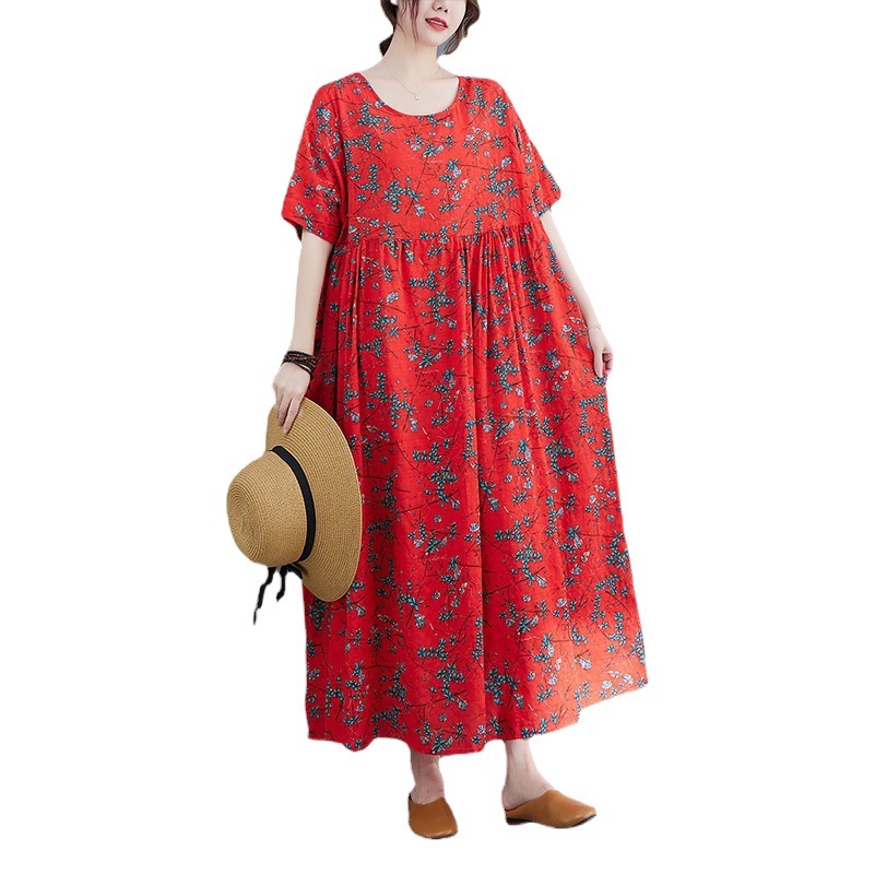 2023 Spring/Summer Vintage Artistic Loose Plus Size Printed Short Sleeve Ethnic Style Dress European and American Cross-Border Hot Item