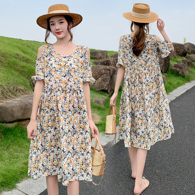 Maternity dress 2024 Maternity Summer New Leaky Shoulder Foreign Style Fresh Pregnant Women dress Summer
