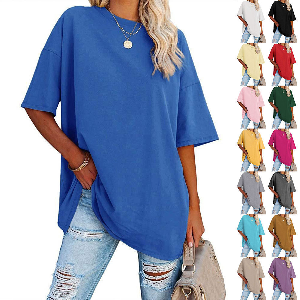Amazon Cross-Border Spring and Summer Large Size Loose Dropped Shoulder Sleeves Round Neck Five-Quarter Sleeve Pure Color T-Shirt Top Export Wholesale