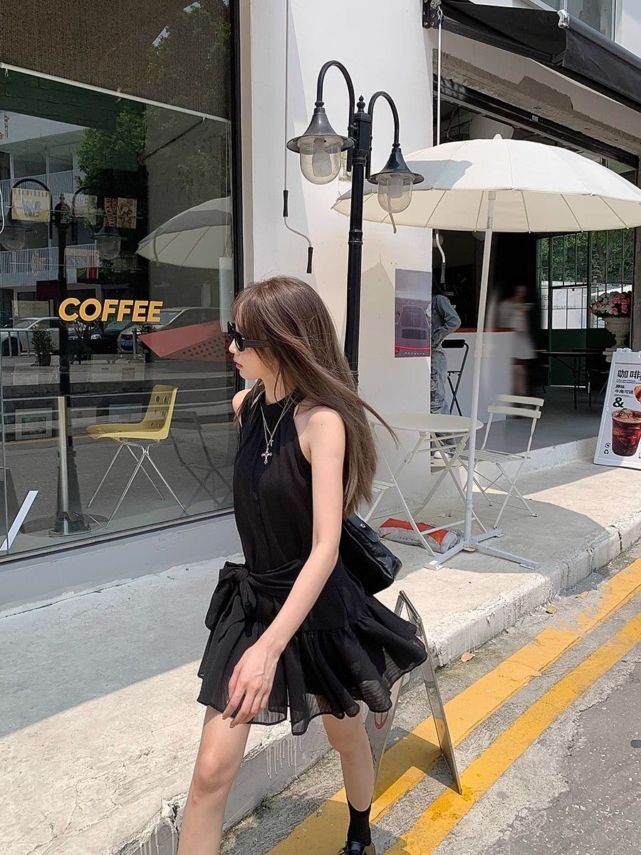 French Style Sleeveless Neck Blue dress Women's Clothing Summer Design Bow Strap A- line Skirt Black Skirt