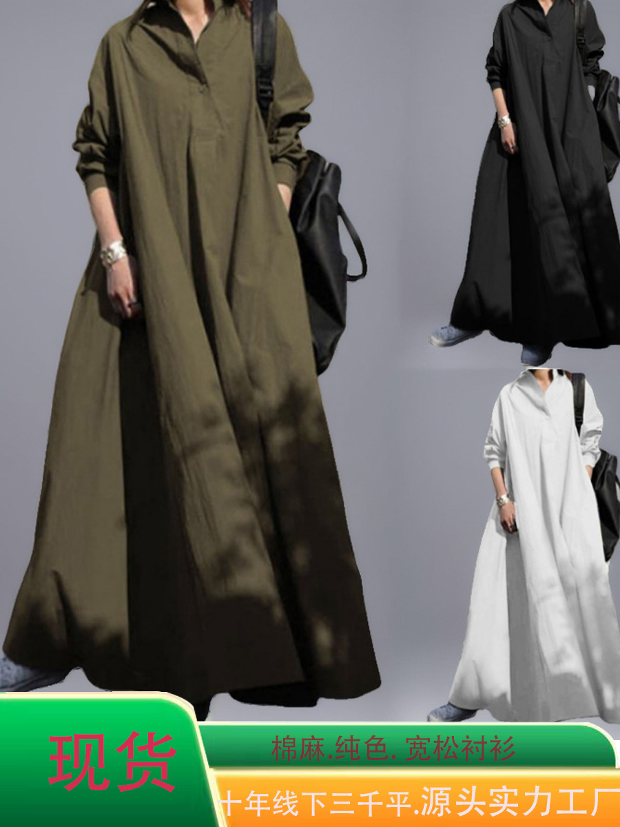 2025 Amazon Spring and Autumn Cotton and Linen Solid Color Retro Ethnic Style Loose Lel Long Sleeve plus size Large dress