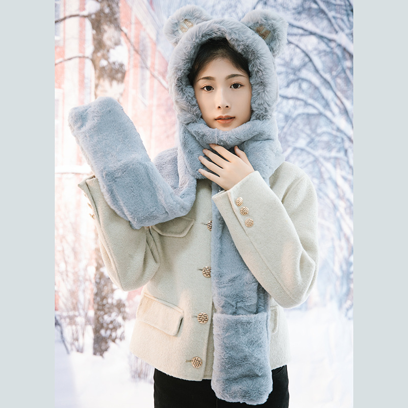 Picture of New Bear Hat Winter Hat Cute Warm Thickened Scarf Integrated Ear Protection Hat Three-Piece Set Cycling Cold Protection Hat