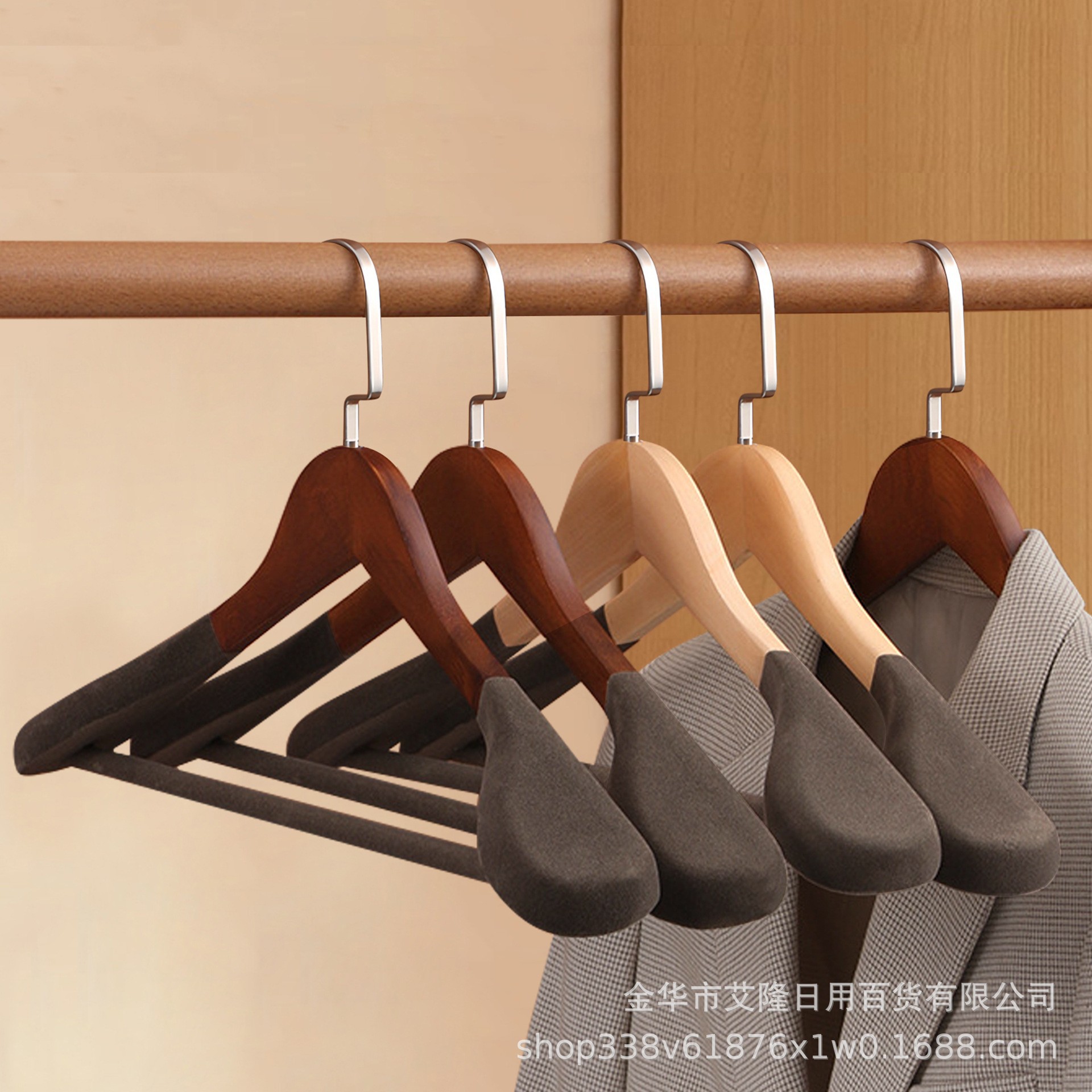 Picture of High-grade solid wood wide shoulder flocking hanger household coat suit seamless hanging clothes support solid wood hanger wholesale