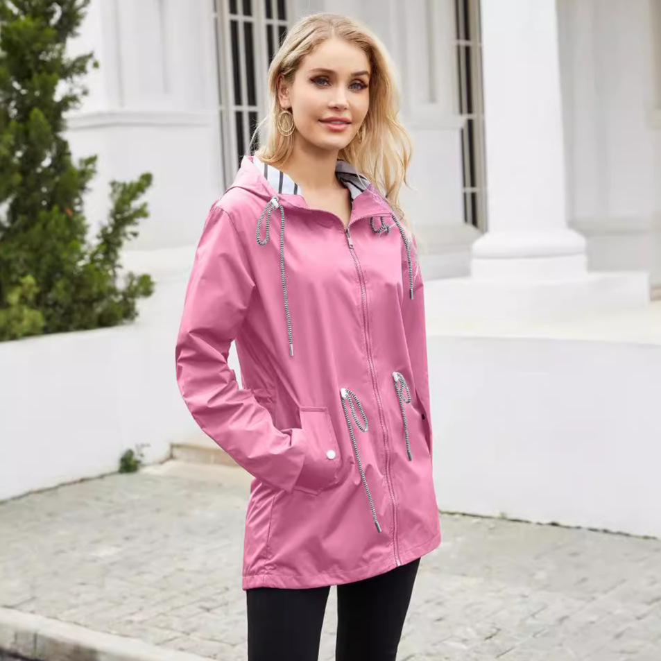 Picture of Autumn/Winter Coat European and American women's trench coat cross-border women's long hooded striped splash-resistant raincoat