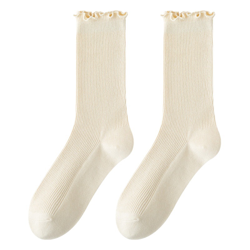Socks women's mid-calf socks Spring and Autumn style wooden ear lace socks ins Japanese style all-match pile socks autumn and winter jk women's socks