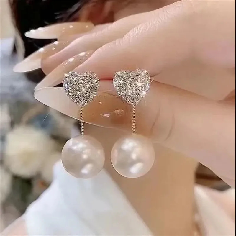2022 New Tide s925 silver needle Pearl Diamond Love earrings a two wearing earrings temperament girl earrings