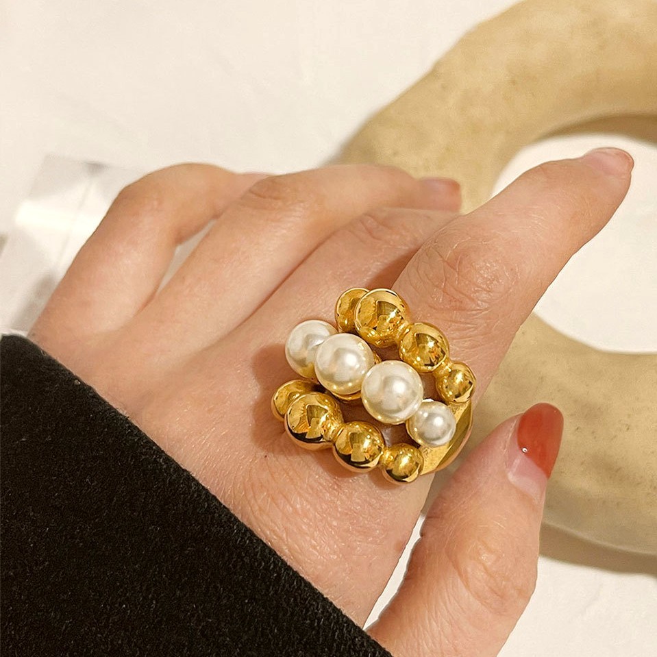 Picture of European and American style exaggerated high-level multi-layer beaded pearl stainless steel ring for women retro temperament pearl ring for women
