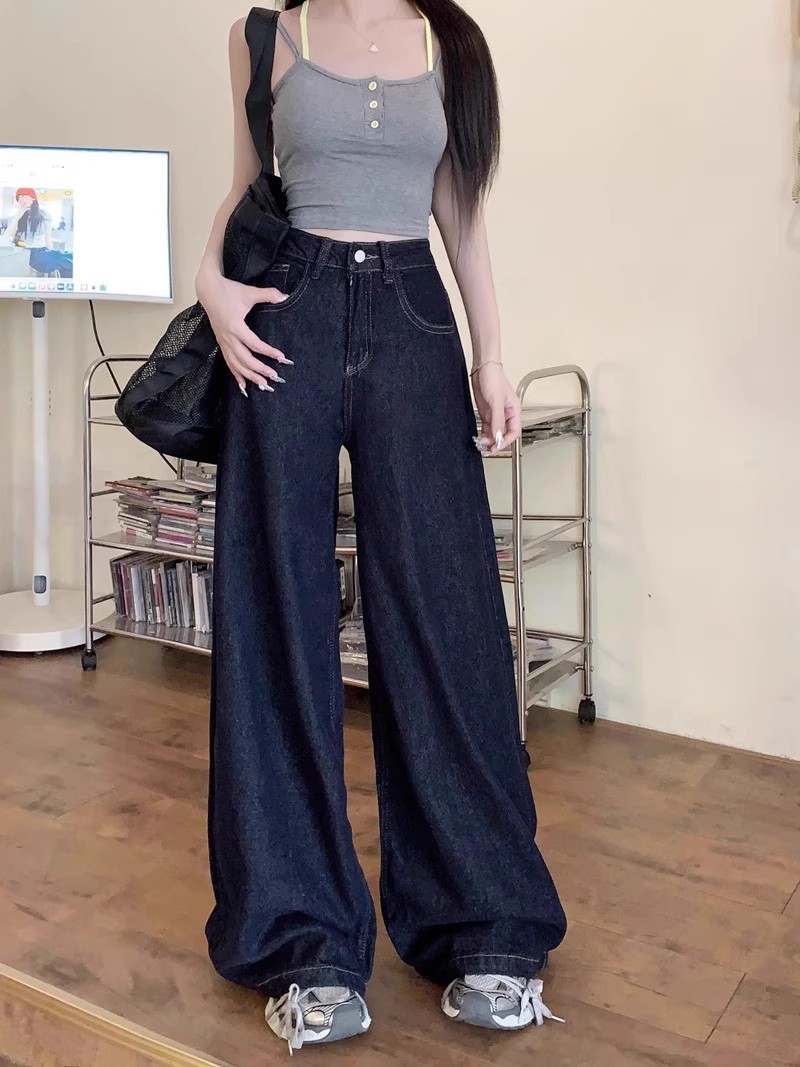 2025 Spring and Autumn New High Waist Denim Trousers Women's Dark Design Slimming Easiest for Match Large Leg Floor-Mopping Pants