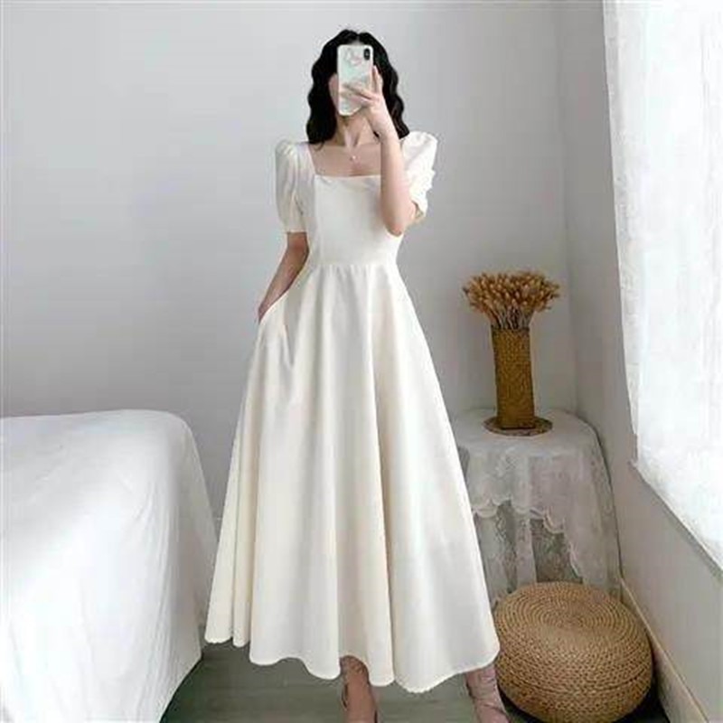 Puff Sleeve Square Collar White Hepburn Light Mature Style Dress Women's White Skirt Tight Waist Slimming Elegant Knee-length Dress for Summer