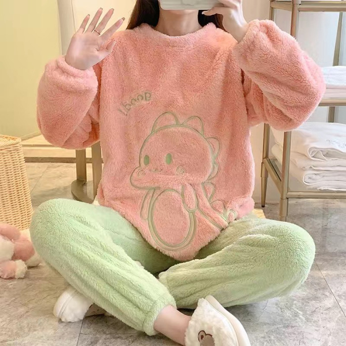Cross-Border Price Coral Velvet Pajamas for Women Autumn and Winter Flannel Plus Velvet Thickened Student Korean Style Home Clothes Cartoon