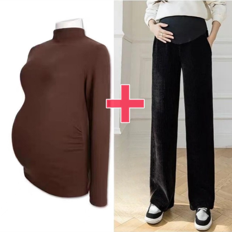 Picture of Pregnant women's clothing fashion spring autumn winter two-piece pregnant women adjustable abdominal pants solid color velvet warm bottoming shirt suit