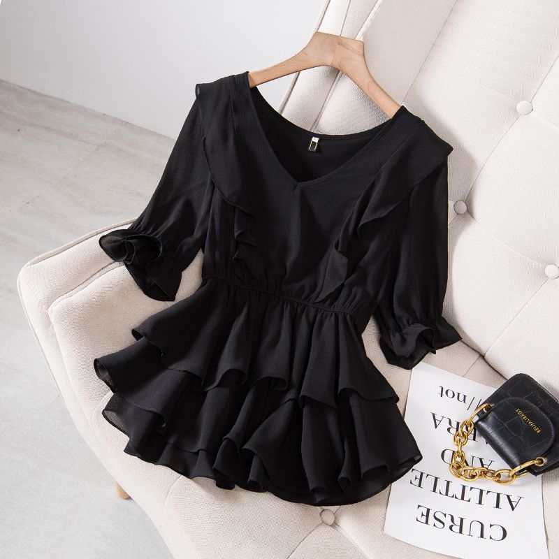 Picture of Fat Girl elegant waist-tight plus size women's top women's summer design belly-covering slimming chic chiffon shirt