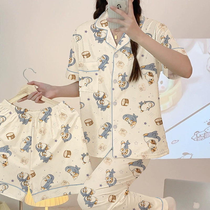 Picture of Spring and summer new high-end pajamas women's cardigan cute cartoon short sleeve three-piece home clothes suit can be worn wholesale