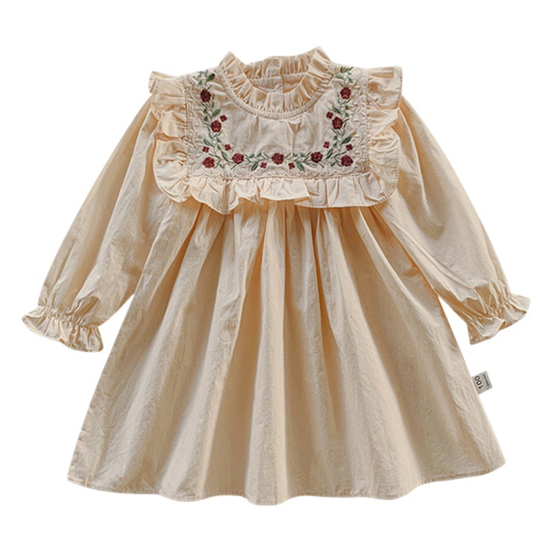 French embroidery flower stand collar girls dress 2023 autumn ruffled long sleeve girls princess skirt wholesale