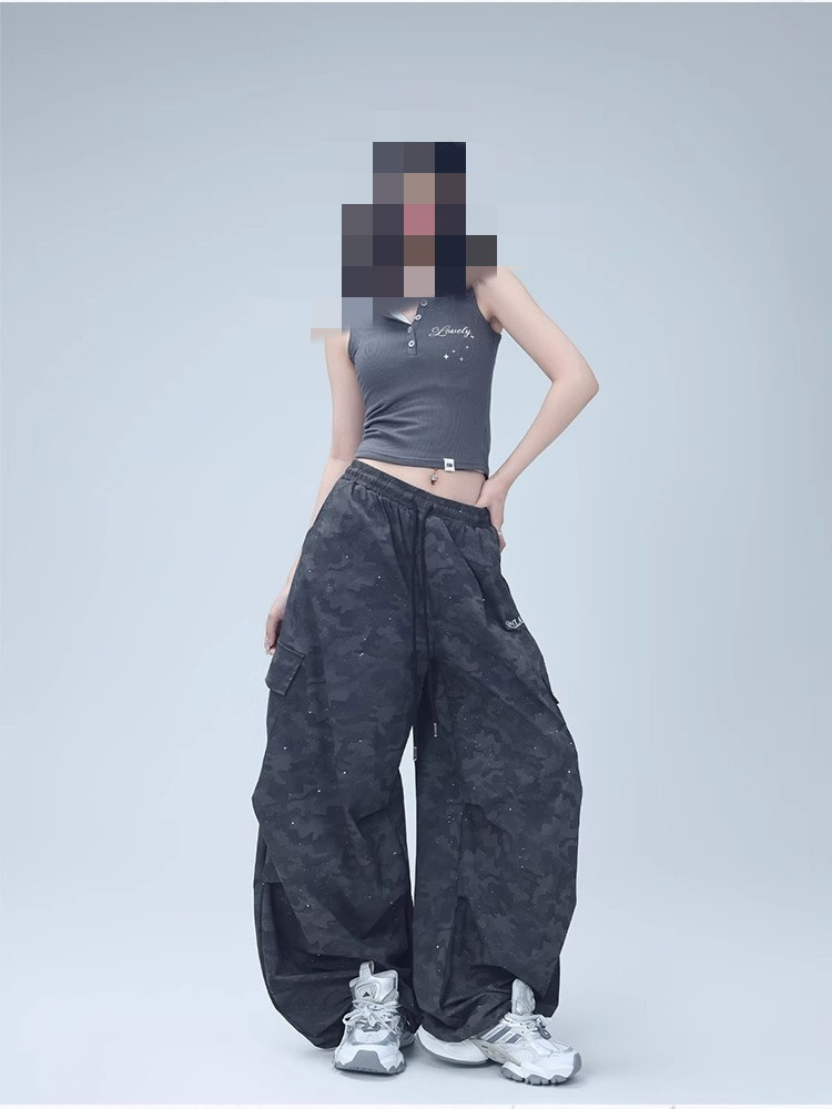 Black parachute cargo pants, women's 2025 summer high-waisted slimming slacks, American two-wear tie-dye wide-leg pants
