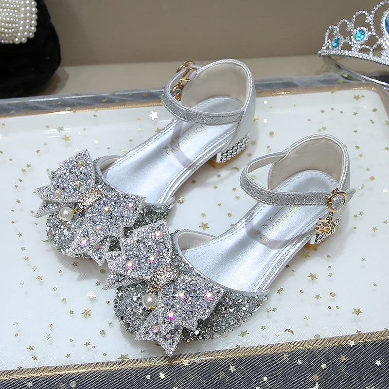 Children's High Heels Little Girl's Sandals Summer New Women's Baby Children's Shoes Soft Sole silver Performance Shoes Girls Princess Shoes