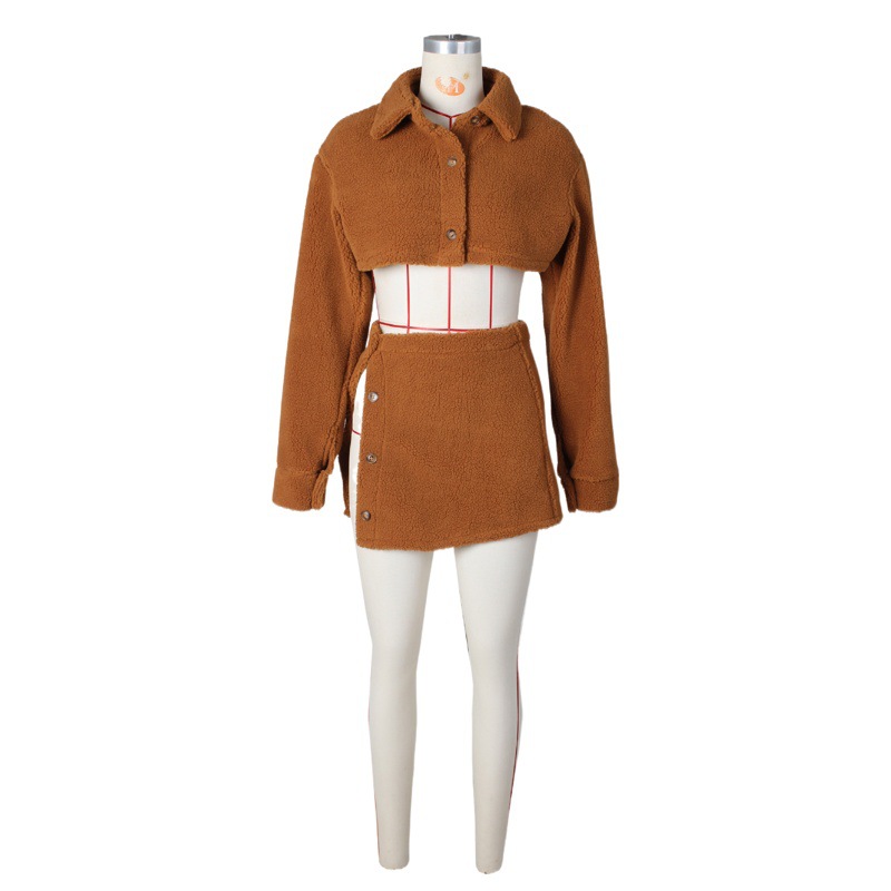 Source factory autumn and winter European and American women's sexy women's imitation lamb cotton open belly split skirt suit