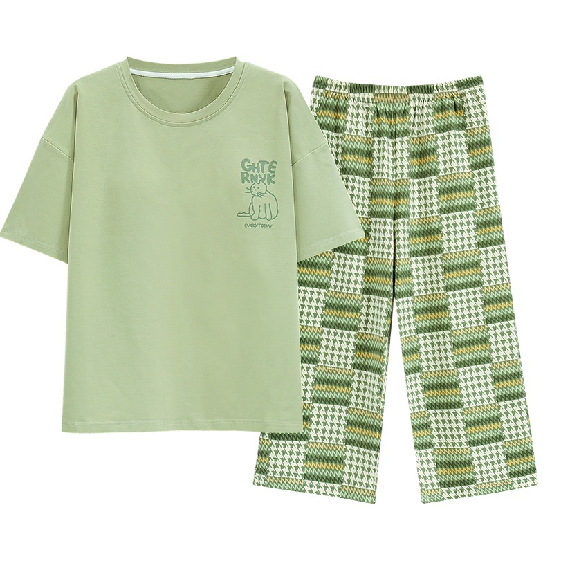 Cotton Pajamas with Chest Pad Women's 2024 Summer Short-sleeved Sweet Capri Pants Summer Home Clothes Can Wear suit