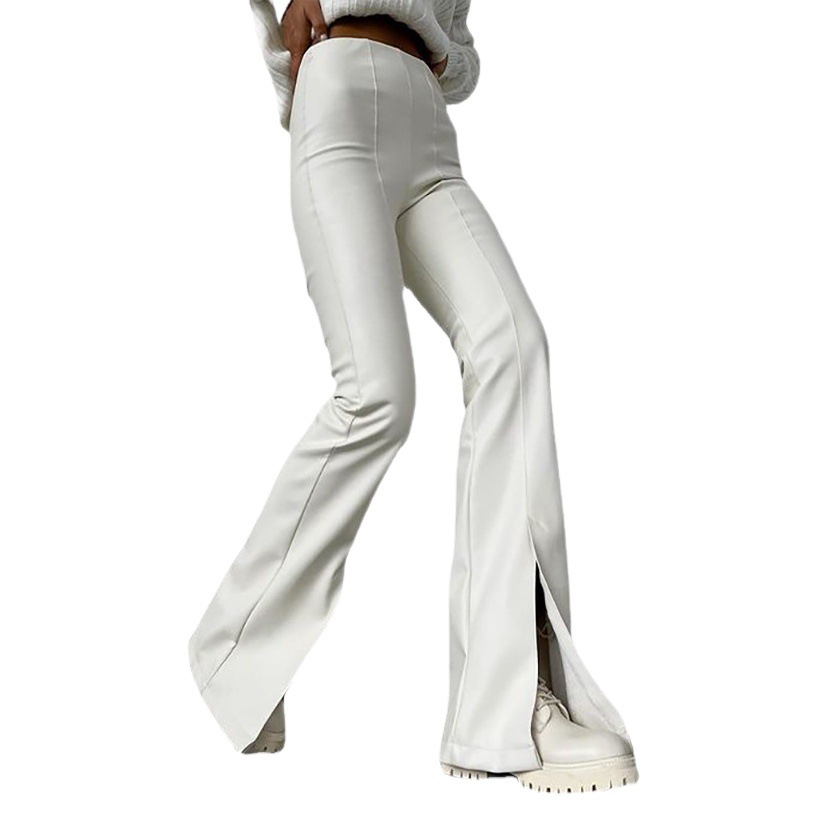 European and American 2025 Autumn and Winter New Style Pu Leather White Splicing Slits Sexy Tight Micro-Flared Leather Pants for Women Wholesale Agent