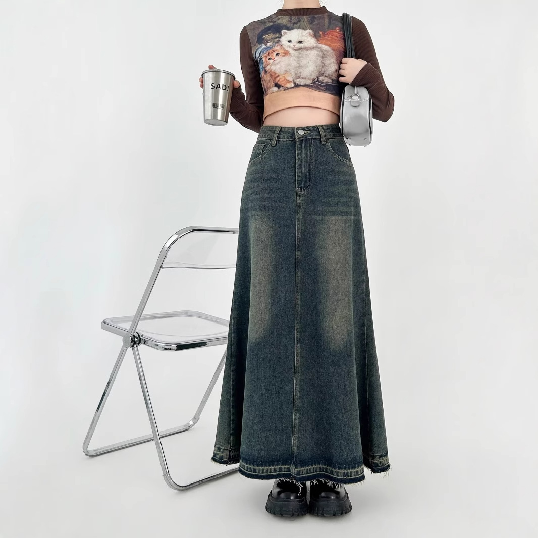 plus size chubby girl Denim Skirt Women's Skirt Mid-length Autumn and Winter High Waist Slimming Fur Edge A- line Skirt Hip Long Skirt